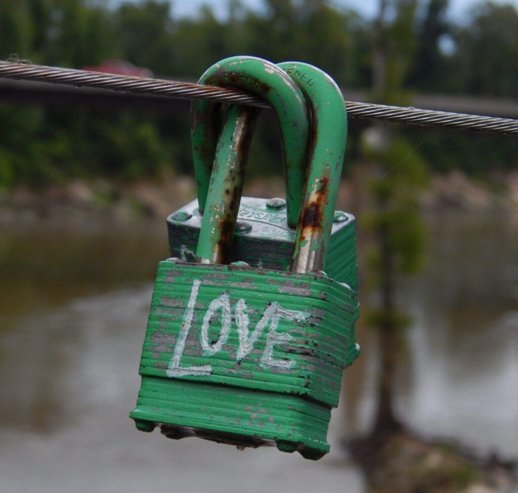Two rusted green padlocks. One says "LOVE" in white lettering