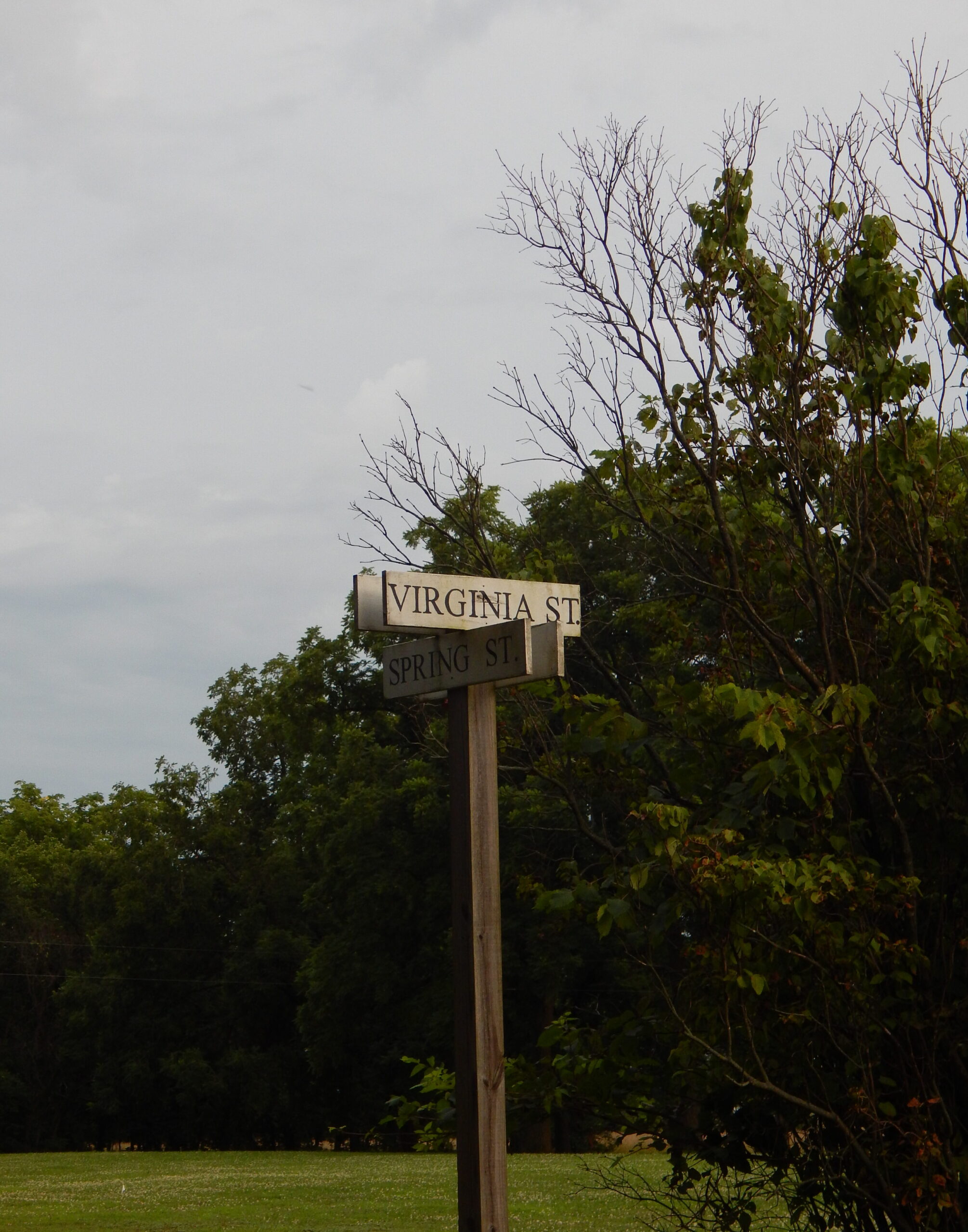 A signpost marking the location of Virginia and Spring streets at historic Athens, Missouri